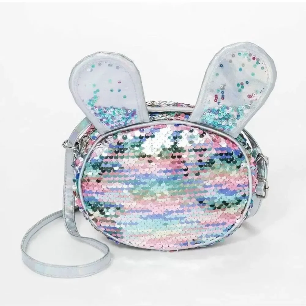 Cat & Jack Girl Easter Bunny Silver Colorful Flip Sequin Crossbody Bag Purse New